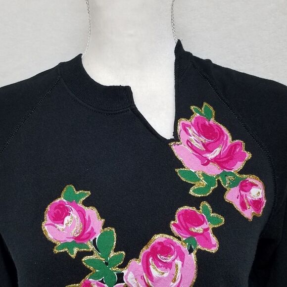 VINTAGE Lee Hand Made Floral Applique Gold Metallic Side Slit Sweatshirt Medium - Picture 7 of 14